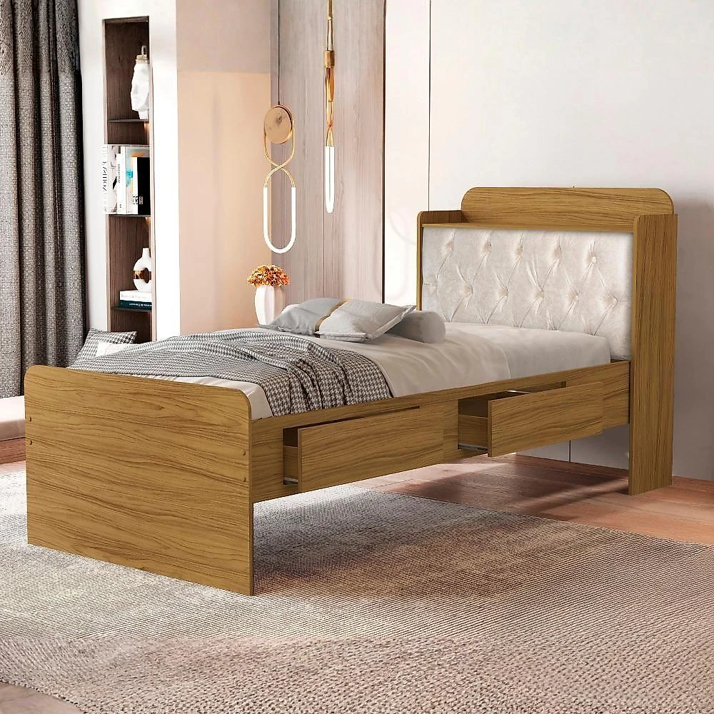 Cama Baú Solteiro Tamires com Gavetas e Cabeceira Capitone Mdf Nature Bege Milani Movelaria