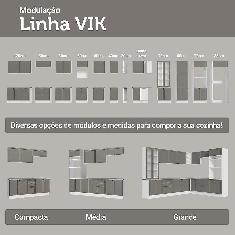Armário de Cozinha Completa de Canto 399 cm Branco/Cinza Vik Madesa 02 Branco/Cinza