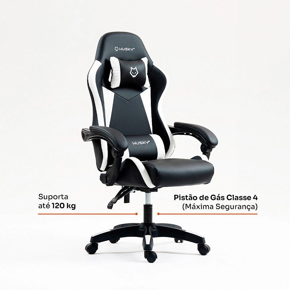 Miniatura Cadeira Gamer Husky Storm 100, Até 120kg, Almofadas, Reclinável 135º,  PU, Preta E Branca - HCG100PTBR