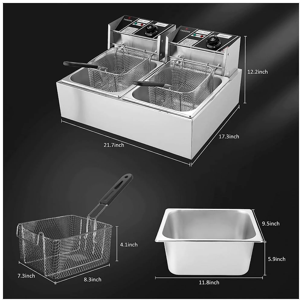 Fritadeira Elétrica Dupla Profissional 12 Litros de Capacidade, Aço Inoxidável, 110V 3400W, TANGME