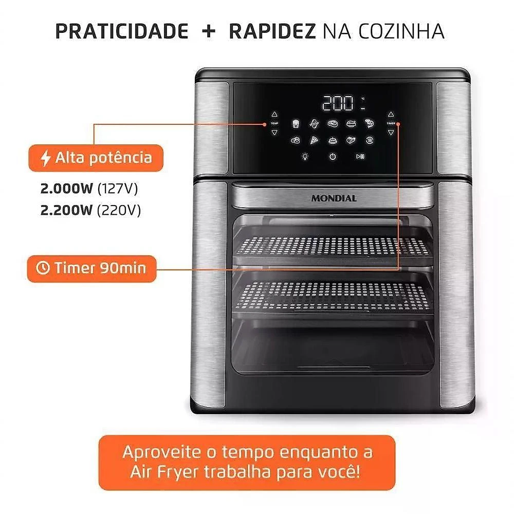 Fritadeira sem Óleo Air Fryer Mondial AFO12LBI 12L 2000W Preto 220V