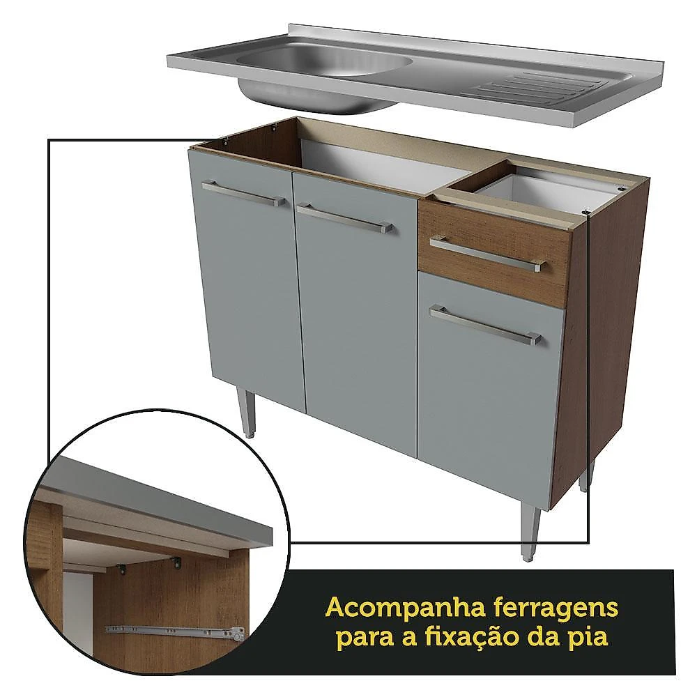 Armário de cozinha compacta 229cm com pia rustic/cinza emilly madesa 10