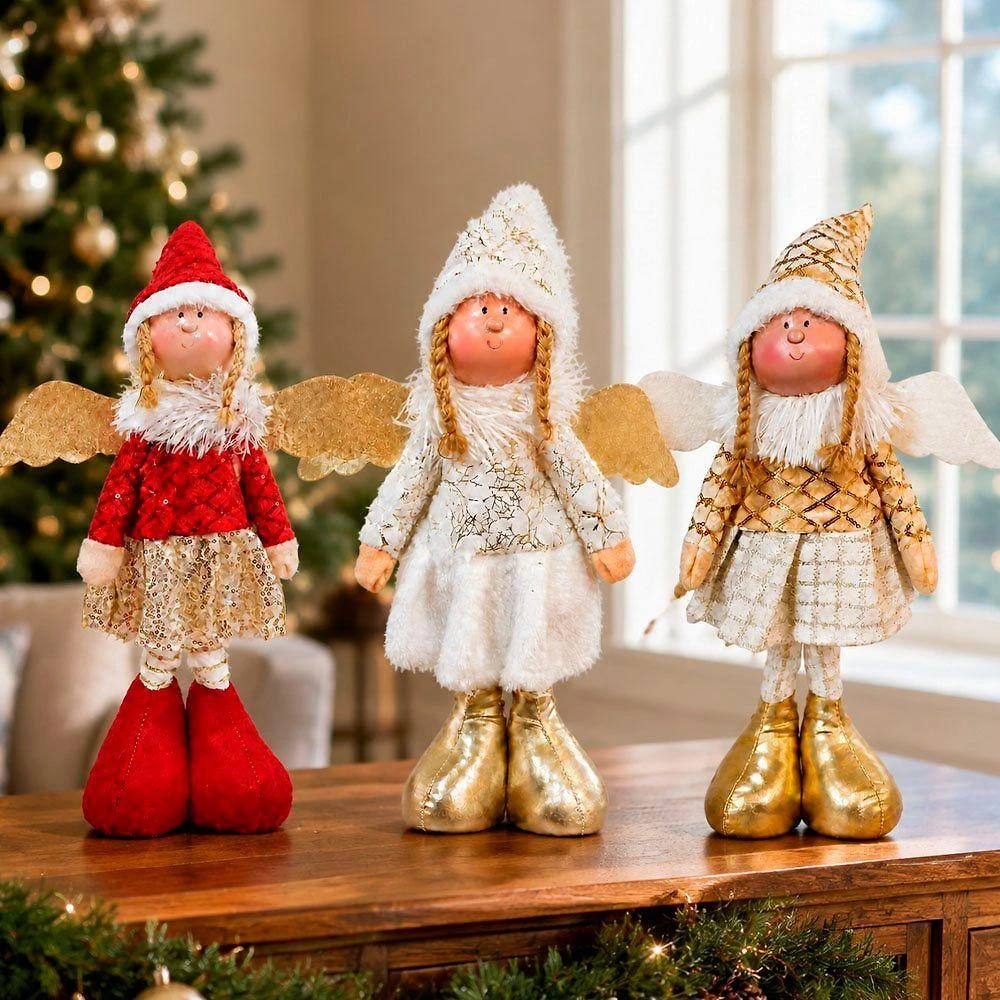 Decoração Anjo Natalino Trio de Bonecos para Natal 45cm Kit 3pçs Dourado e Vermelho e Branco