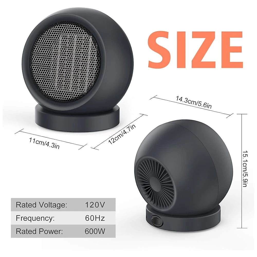 Aquecedor Espacial Portátil, Ventilador de Aquecimento de Alta Potência com Elementos Cerâmicos PTC para Uso Interno - Cinza Escuro,Coolfor
