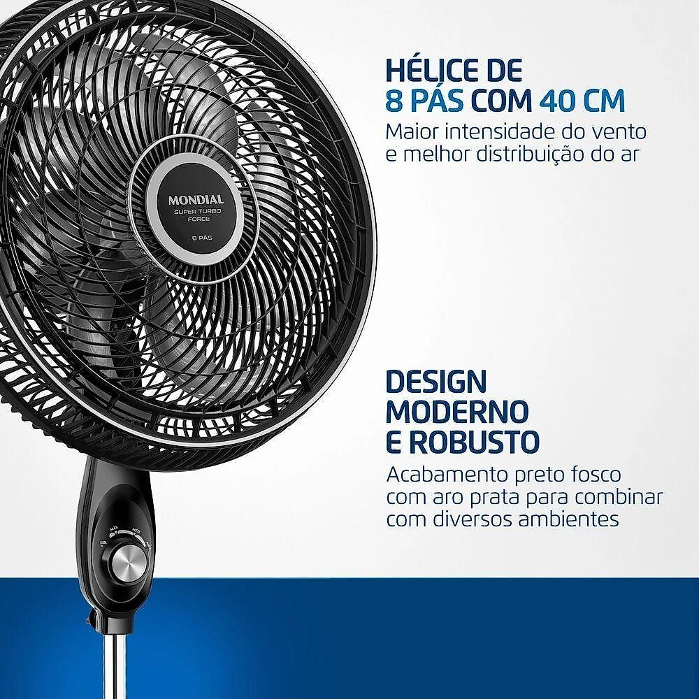 Ventilador de Coluna Mondial 140W 40cm 8 Pás 3 Velocidades Preto e Prata VSTF-40C-8P-BS 220V
