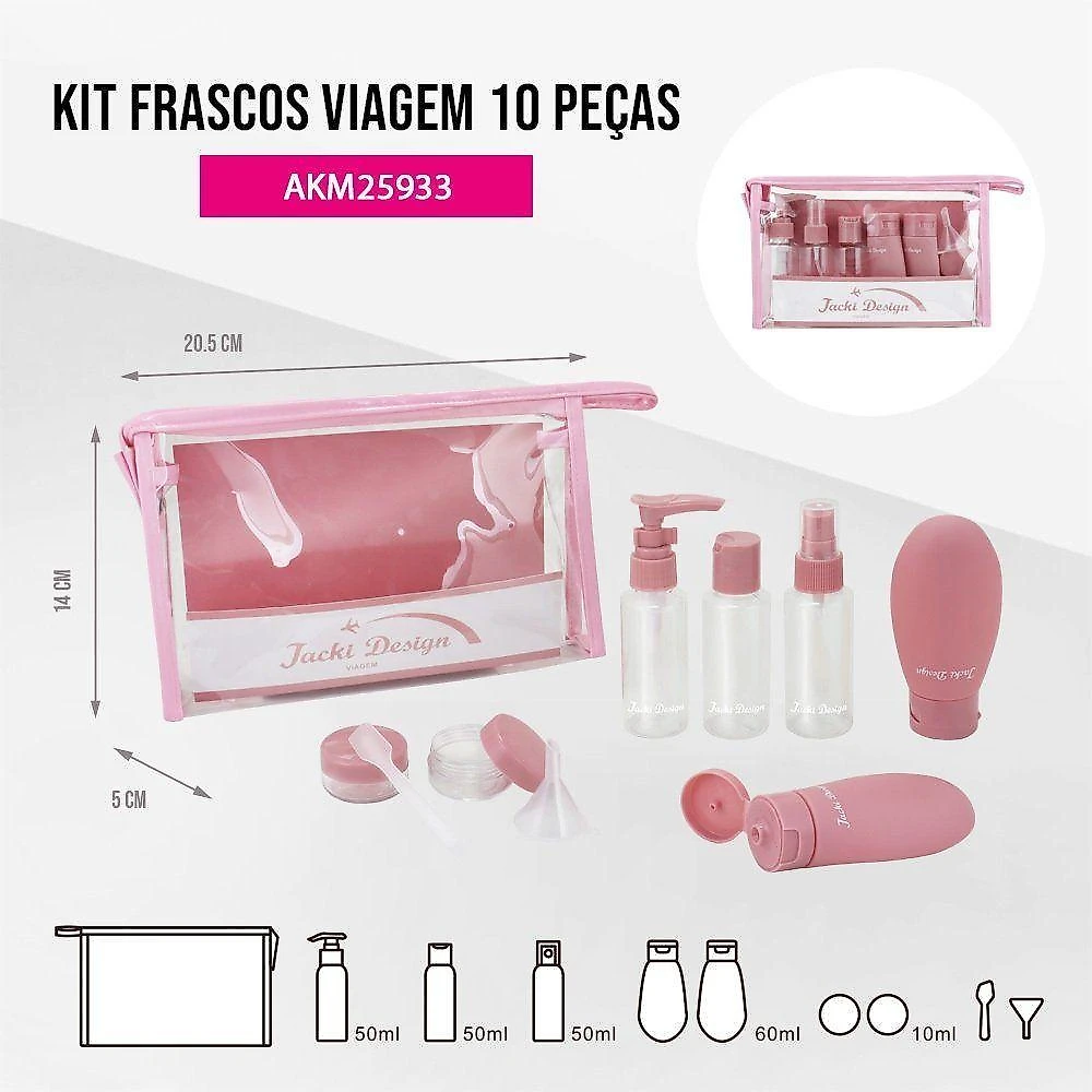 Kit Necessaire Transparente Com Frascos – Ideal Para Viagens E Bagagem De Mão - Rosa