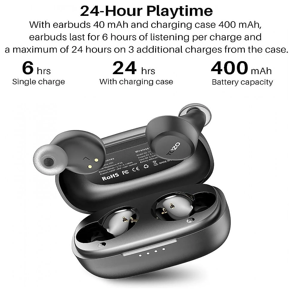 Mini Fones de Ouvido Bluetooth com Estojo de Carregamento e Resistência a Agua IPX5, TOZO A1, Branco