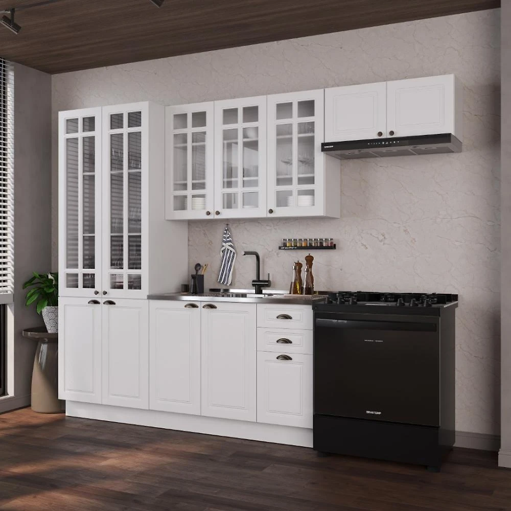 Cozinha Compacta Modulada Nara 12 Portas 2 Gavetas MDF 280CM Branco Fidelita Móveis