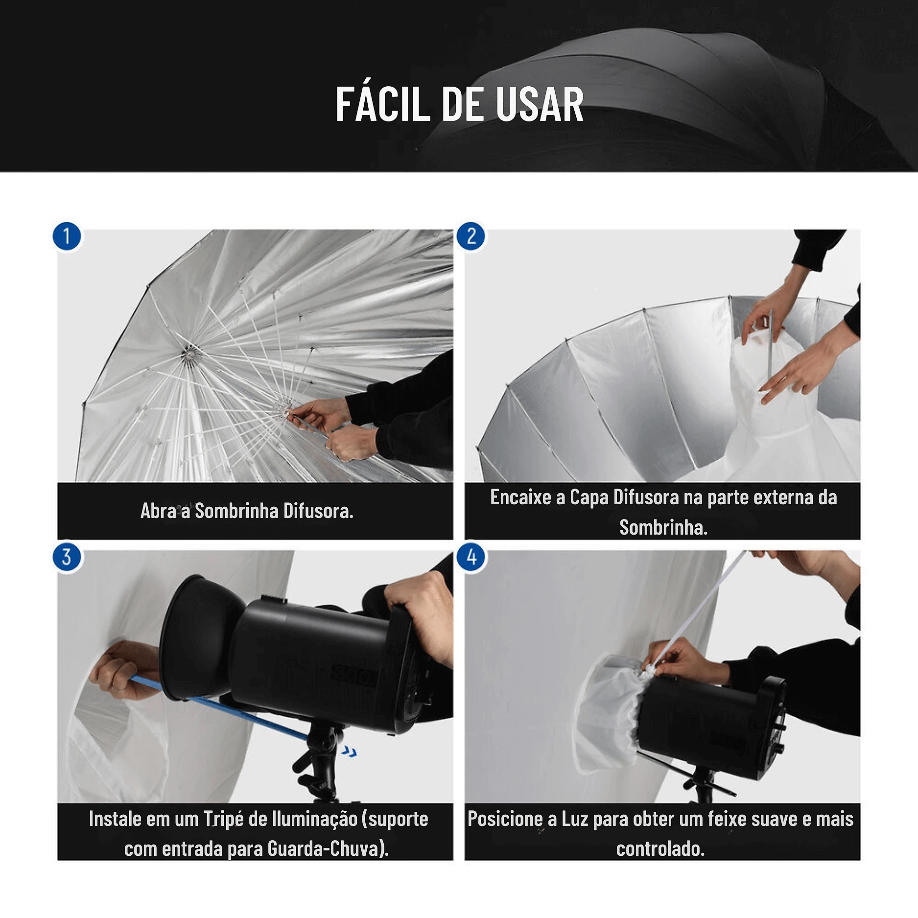 Sombrinha Parabólica Deep Preto Refletiva Prata 16 Varetas com Difusor Branco (85cm)