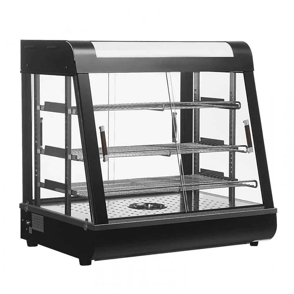 Aquecedor de Alimentos 3 Andares Whalefall Preto Aquecimento 3D Portas de Vidro Deslizantes Aço Inoxidável 69 cm para Buffet Restaurantes