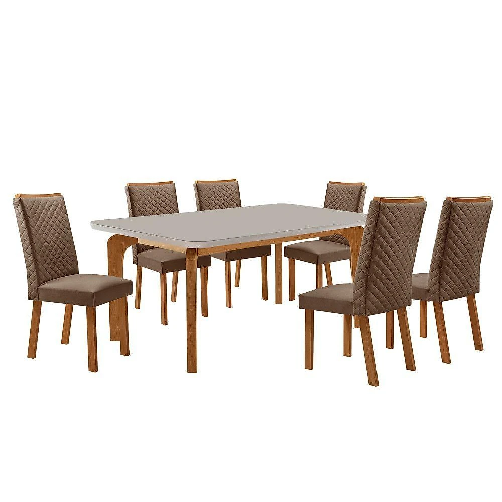 Mesa de Jantar Liz com 6 Cadeiras Lira 6 Lugares Tampo em MDF com Vidro Veludo Capuccino Nat Off