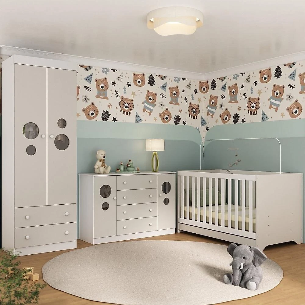 Quarto De Bebê Completo Berço Americano 3 Em 1 Colchão Pirulito Multimóveis MP4641 Branco-off White