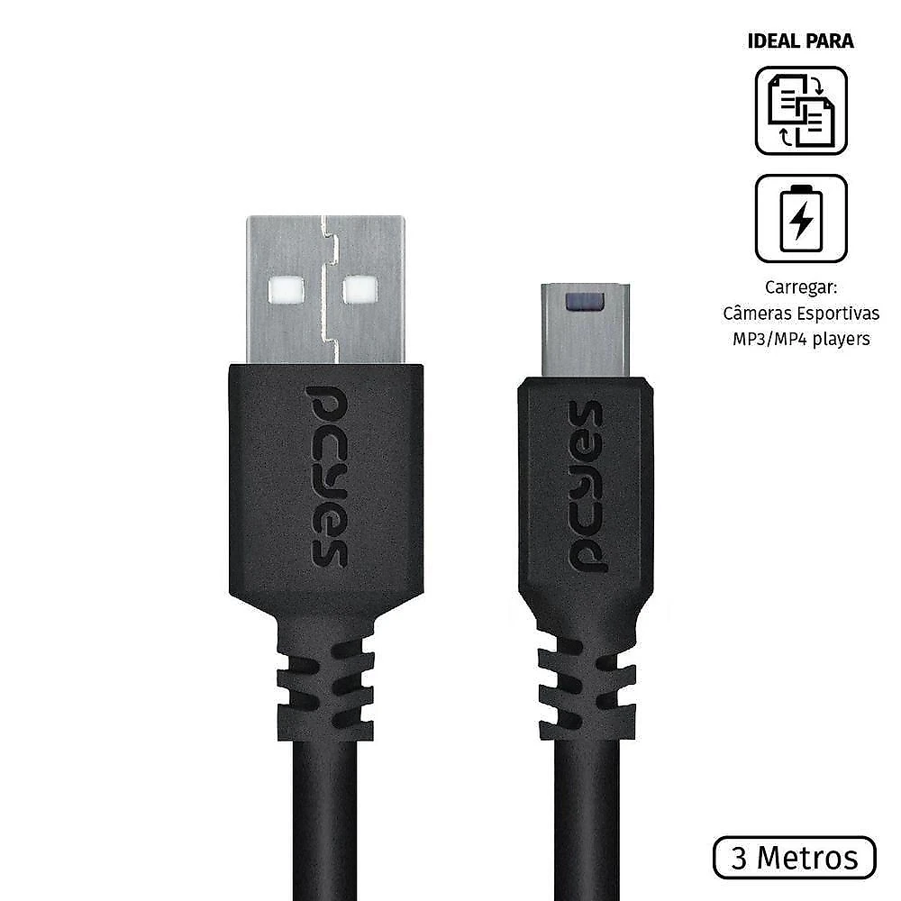 Cabo USB a 2.0 para Mini USB B 3M com Taxa de Transferência Até 480 MBPS Pcyes