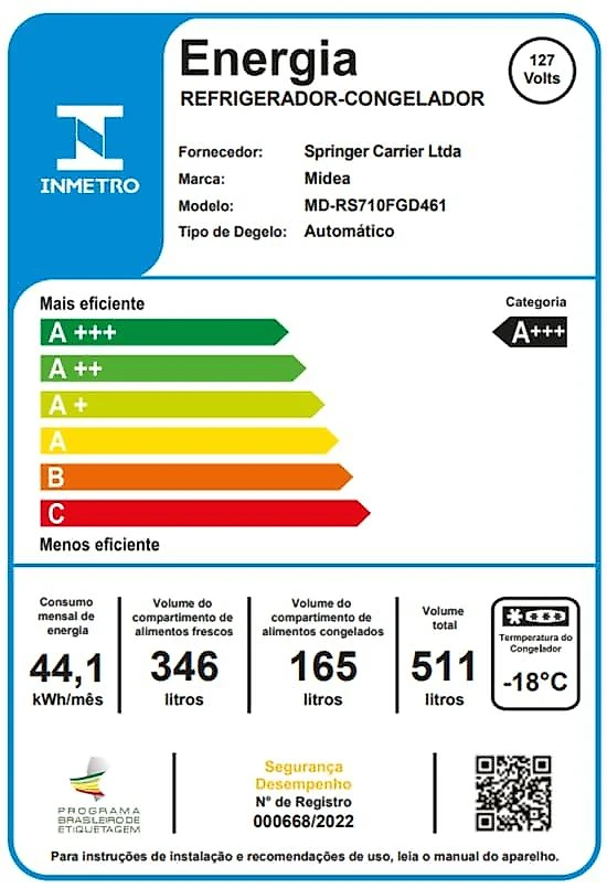Geladeira fost free side by side midea md-rs710 511l smart inverter wi-fi alexa inox 110