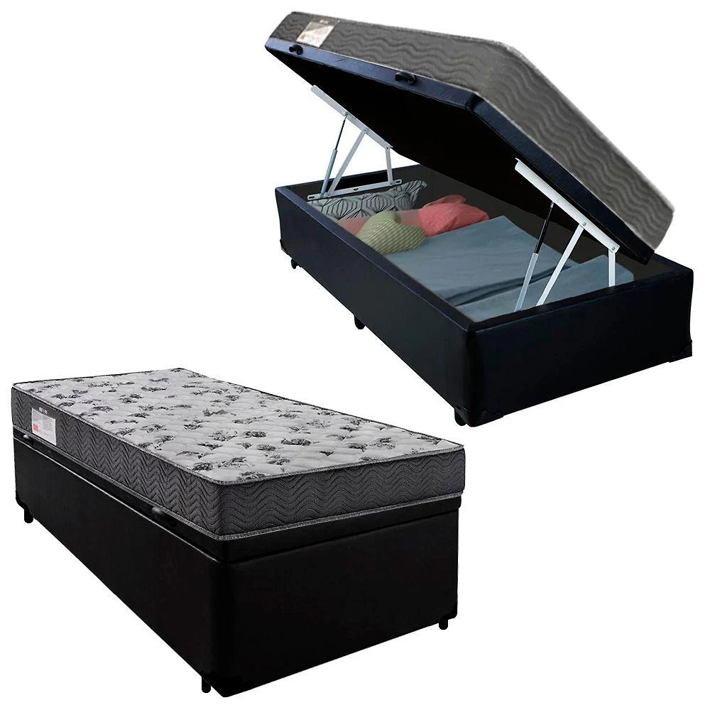 Cama Box Baú Solteiro Sintético + Colchão De Espuma D33 Sereneprime 88cm Preto