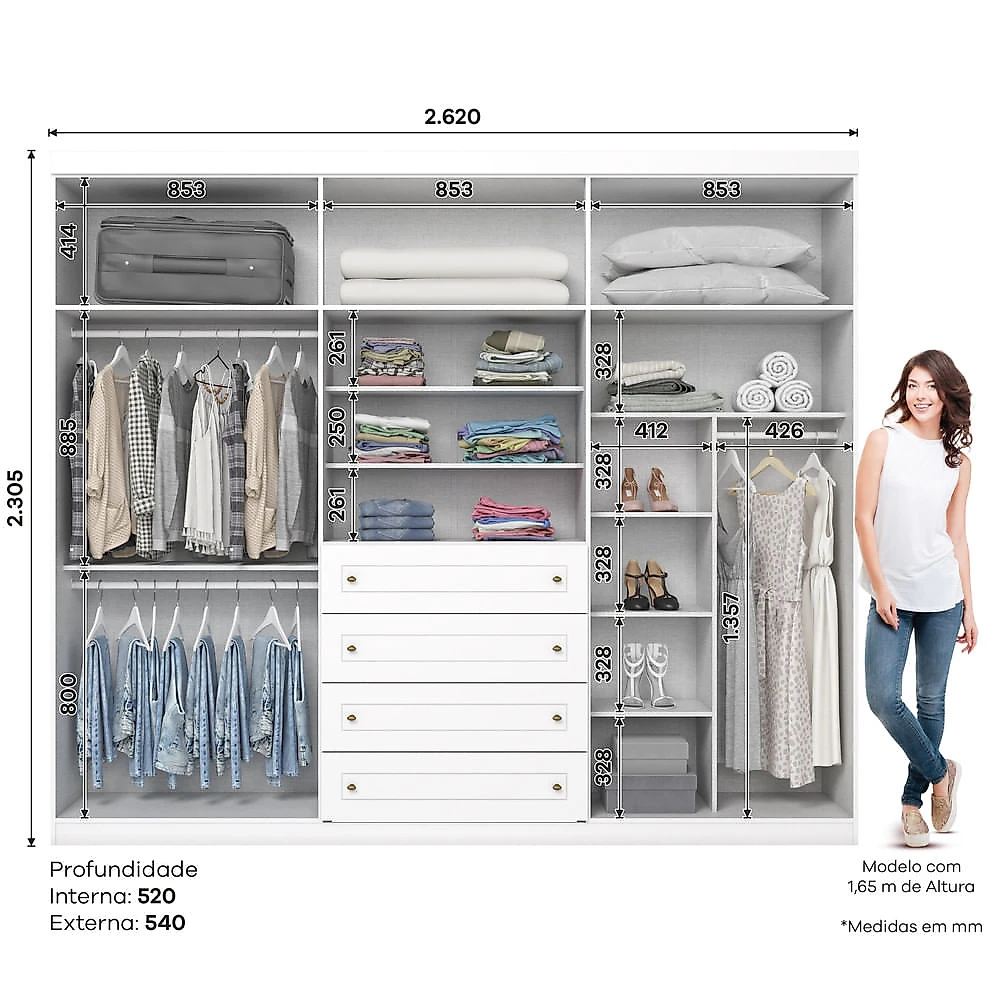 Guarda Roupa Casal 6 Portas 4 Gavetas Amy Casa 812 Branco HP