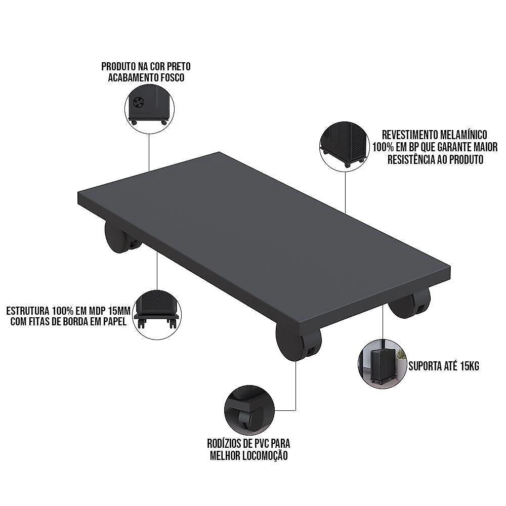 Kit 03 Suportes Para Cpu Com Rodízios Cyber L03 Preto