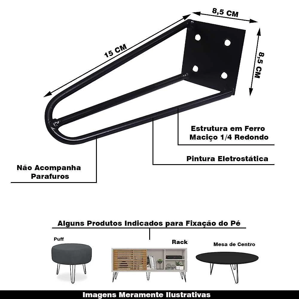 Kit 6 Pés De Metal 15 Cm Legs Mesas De Centro Puffs Preto