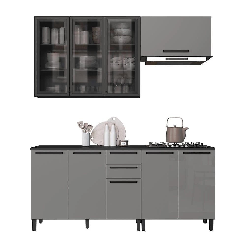 Armário de Cozinha Modulada Completa Mônaco 8 Portas 3 Gavetas 200cm Chumbo Titânio Fidelita Móveis