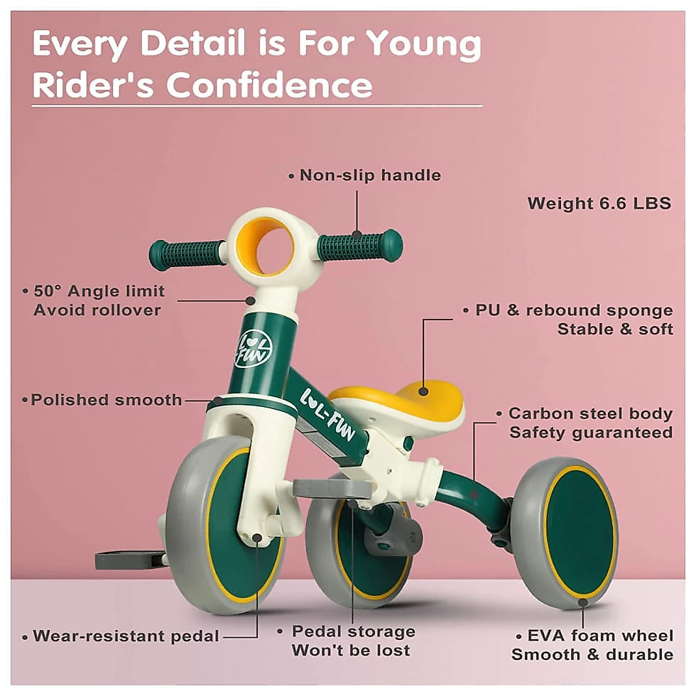 Bicicleta sem Pedal Infantil LOLFUN com 3 Rodas para Crianças de 1 a 4 Anos, Verde