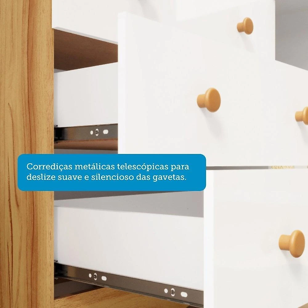 Quarto de Bebê com Guarda Roupas 3 Portas Cômoda e Berço com Rodizio Mimo 100% Mdf Espresso Móveis Branco Brilho/Amêndoa