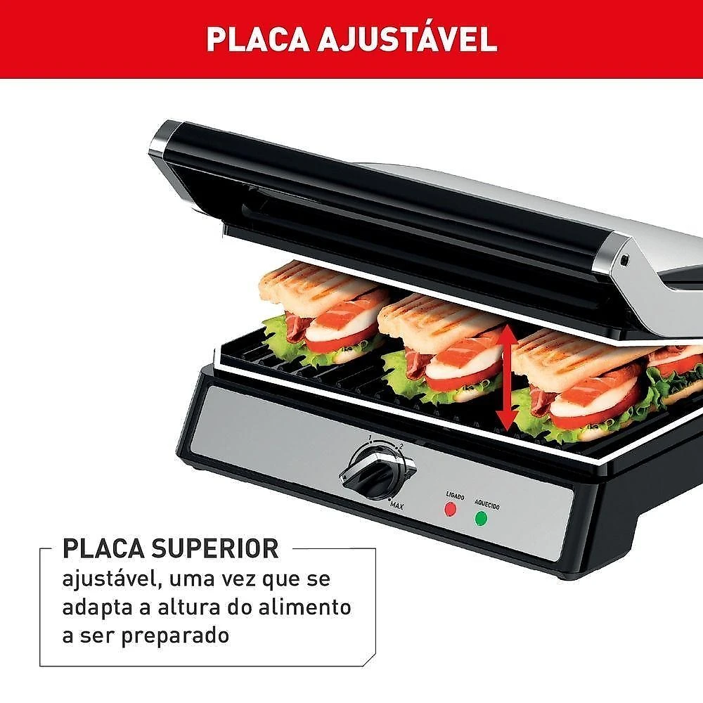 Super grill e sanduicheira arno ggra inox com abertura de 180º 1830w 220v