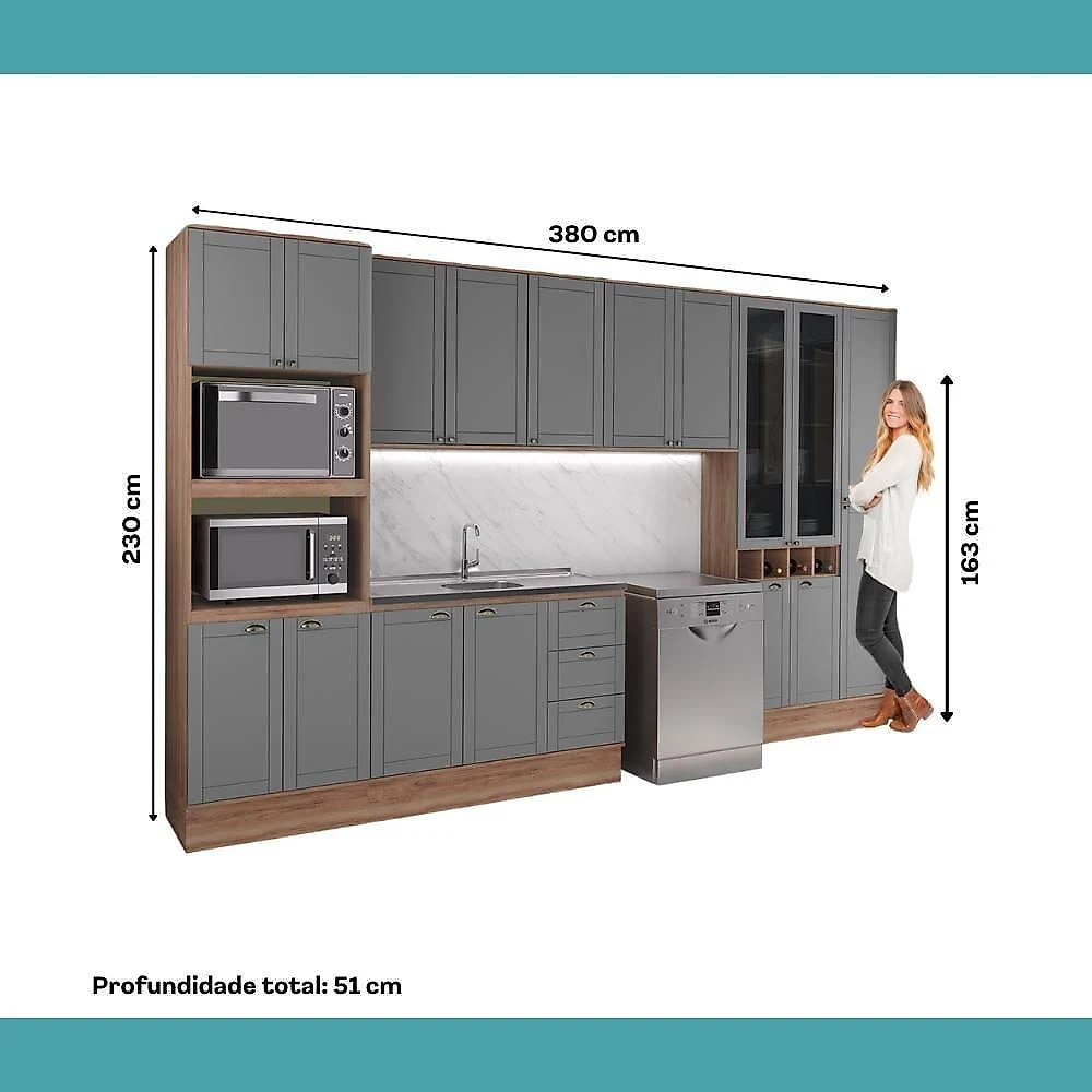 Cozinha Completa Milla Plano 15 Portas 3 Gavetas MDF MDP 380CM Nogal com Cinza Titânio Móveis