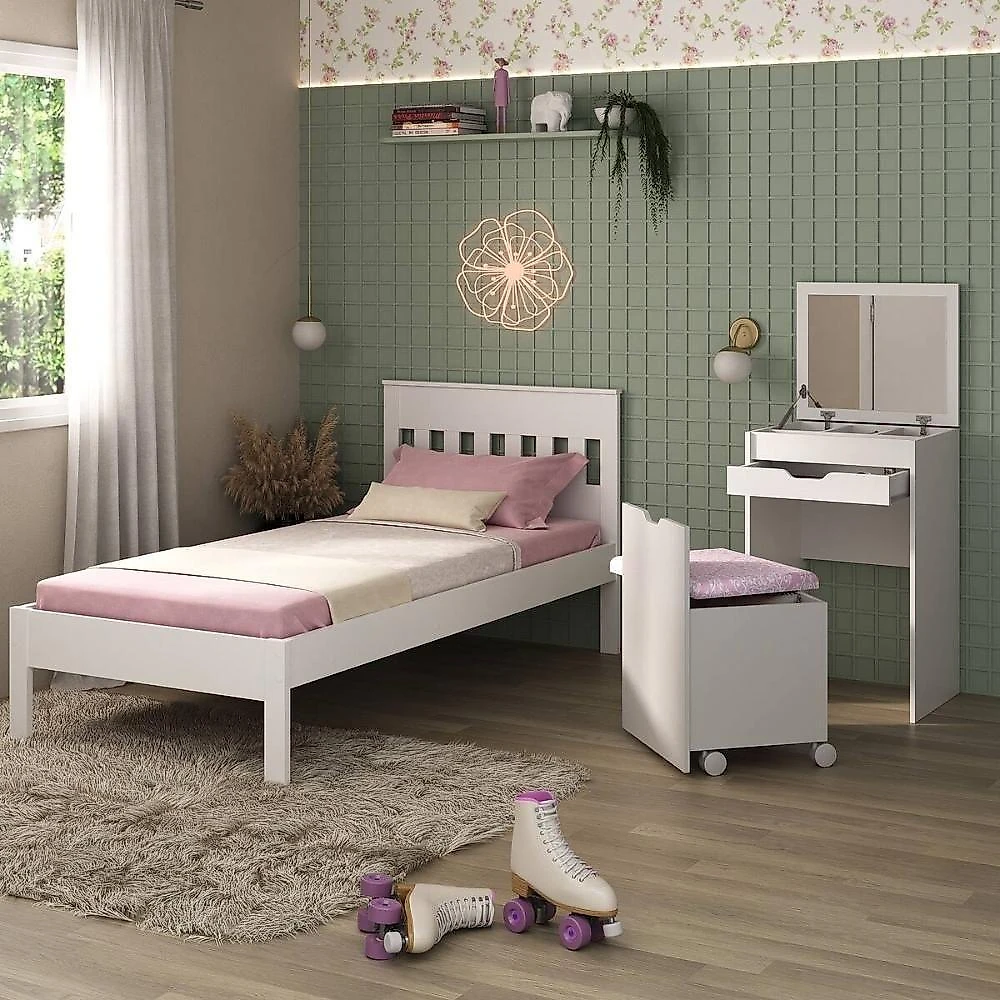 Cama De Solteiro Para Colchão 88 X 188 Cm Com Penteadeira 54cm E Puff Multimóveis CR40121 Branco