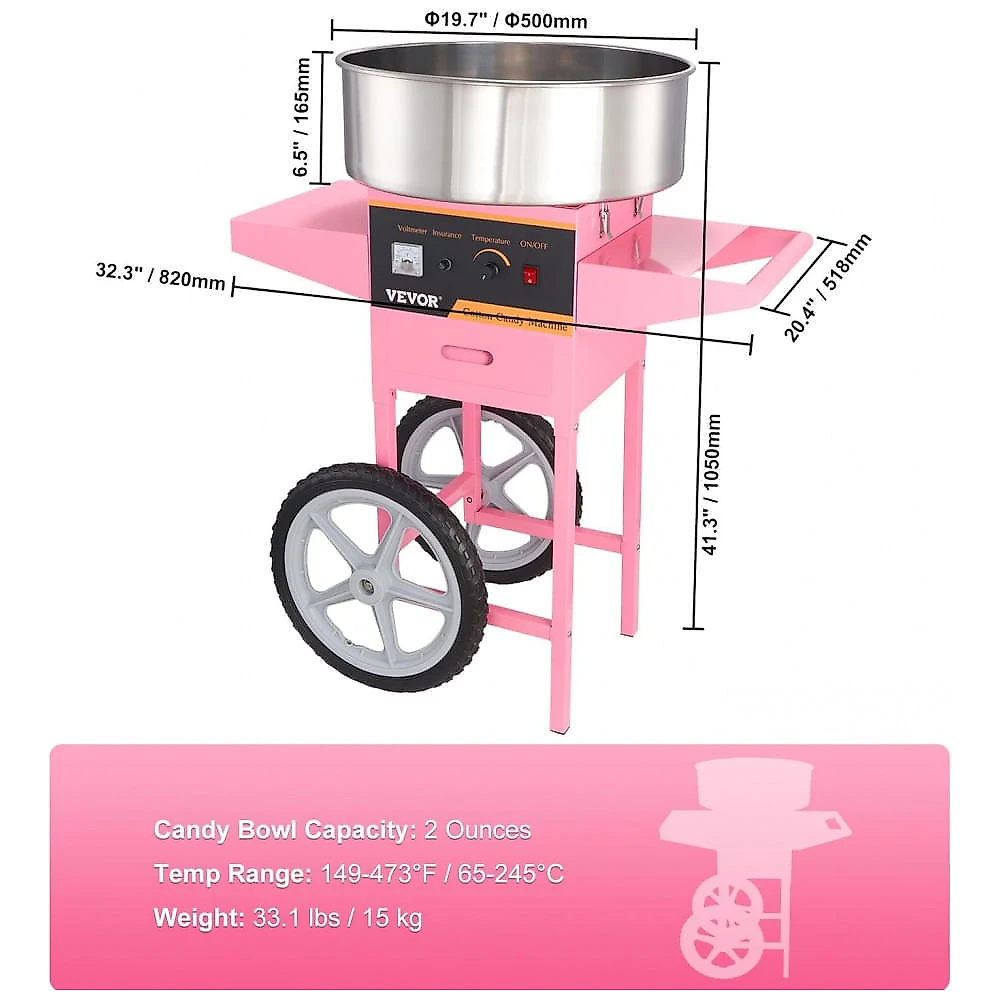 Máquina de Algodão Doce VEVOR com Carrinho 1000W Rosa Produção 6 Cones/min 110V