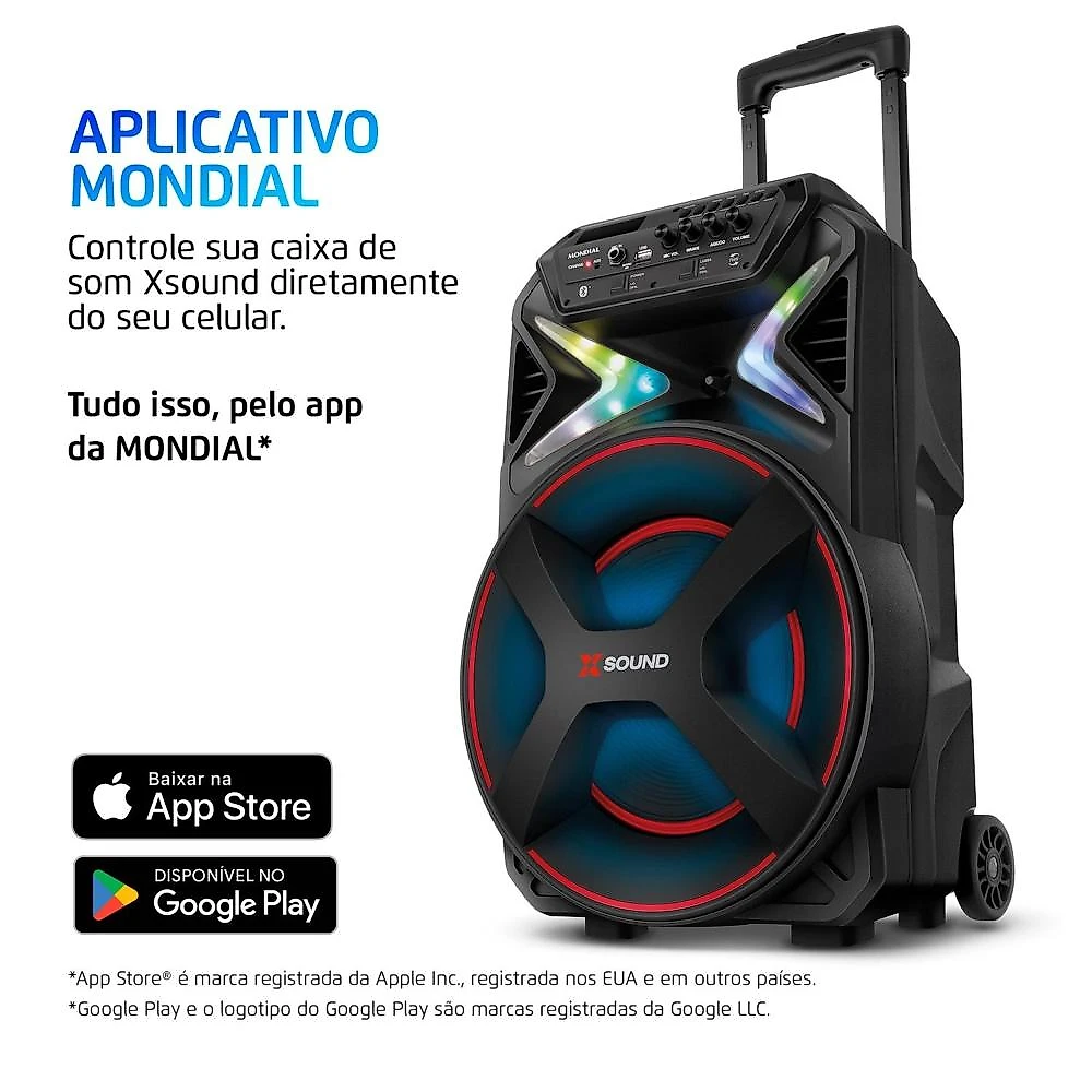 Caixa de som amplificada mondial xsound cm-500-n 500w rms bluetooth rgb bateria bivolt