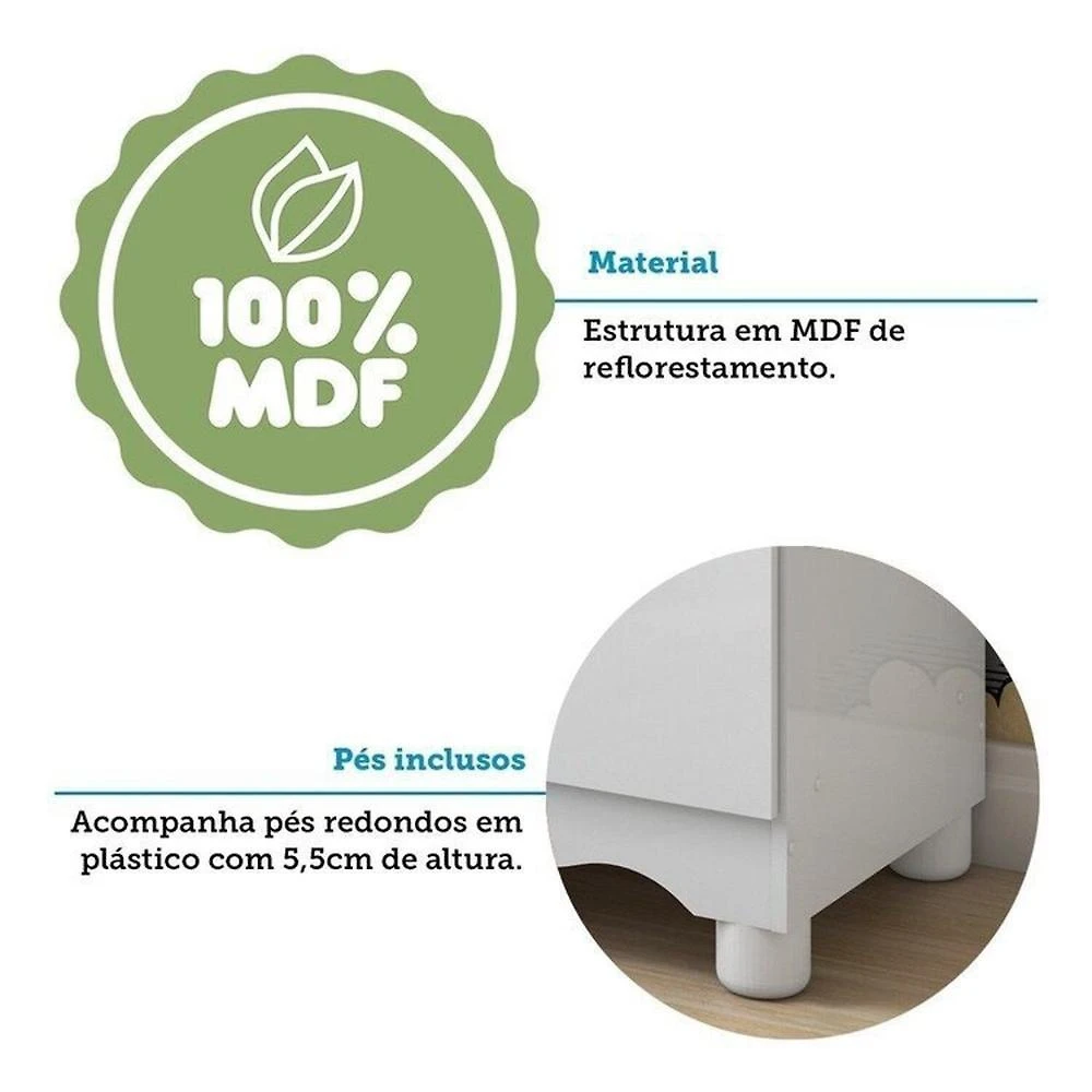 Quarto de Bebê Completo Berço Minicama Guarda-roupa 4 Portas e Cômoda 100% Mdf Nina Espresso Móveis Branco Brilho