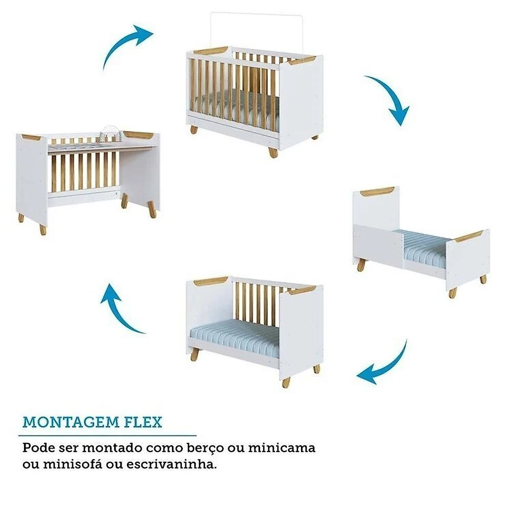 Quarto de Bebê com Cômoda 1 Porta e Berço 4 em 1 Minicama 100% MDF Mike Espresso Móveis Branco Brilho/Amêndoa