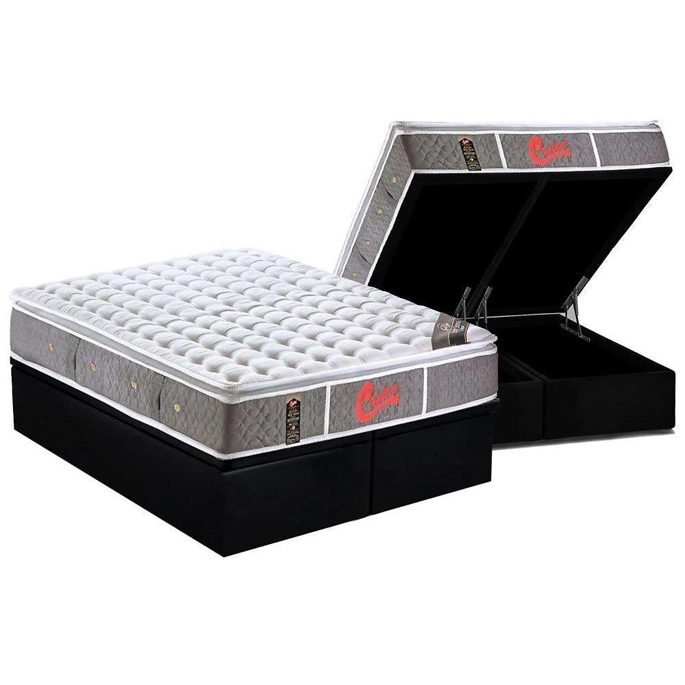 Cama Box Baú King: Colchão Molas Pocket Ensacadas Castor Light Stress Oxygen New + Base Crc Courano Black (193x203)