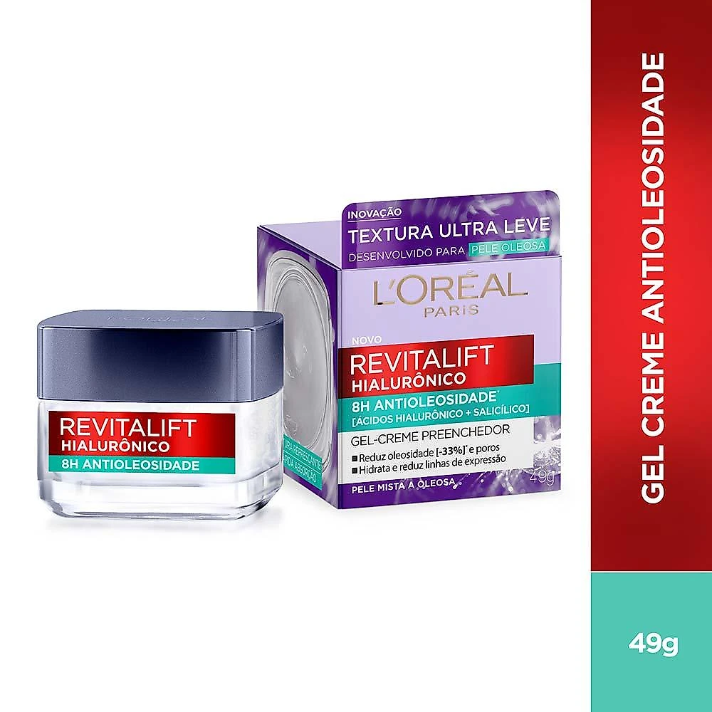 Gel creme hidratante facial antioleosidade l'oréal paris revitalif hialurônico 50ml