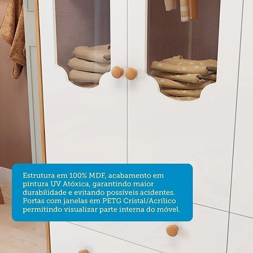 Quarto de Bebê com Guarda-roupa Cômoda e Berço com Capitonê 100% Mdf Maya Provençal Espresso Móveis Branco Brilho/Amêndoa/Branco