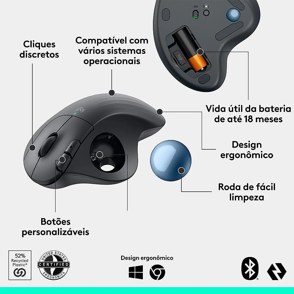 Mouse Sem Fio Logitech Trackball ERGO M575S, Bluetooth e USB Logi Bolt, Controle Fácil do Polegar, Preto - 910-007031