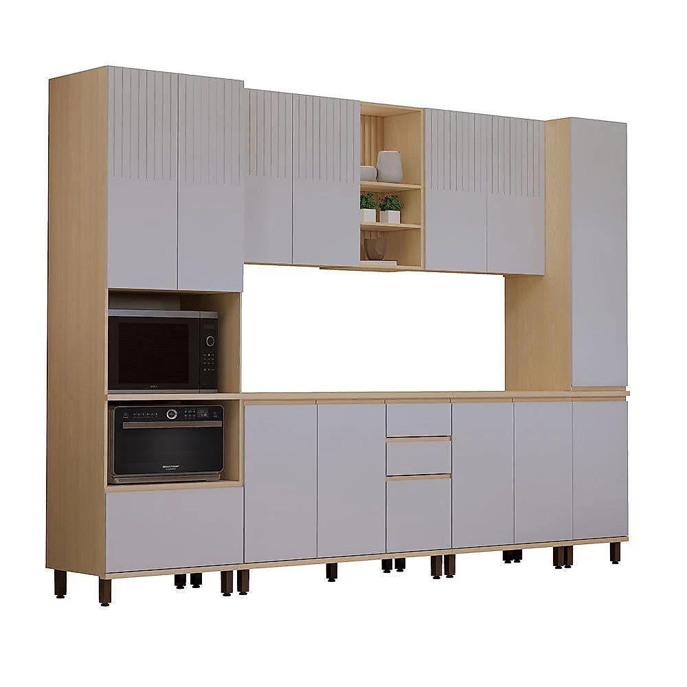 Cozinha Completa 14 Portas 2 Gavetas MDF 310CM Carvalho e Cinza Cristal Aura