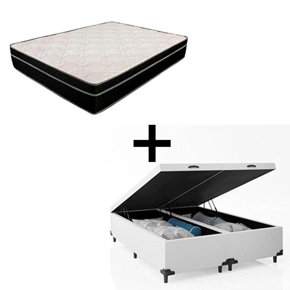 Cama Box Baú Queen 158 Bipartido Tecido Branco Com Colchão Paris Molas Preto 67x158x198