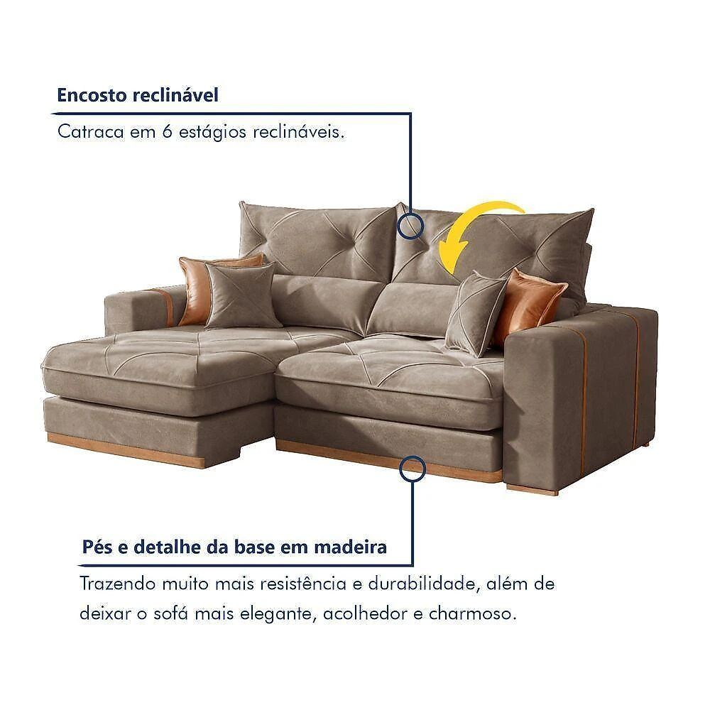 Sofá Montreal 3 Lugares Retrátil e Reclinável 230CM Bege Veludo