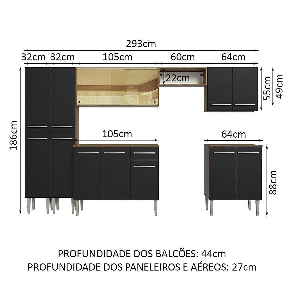 Armário De Cozinha Completa 293Cm Madesa 05 Rustic/Preto