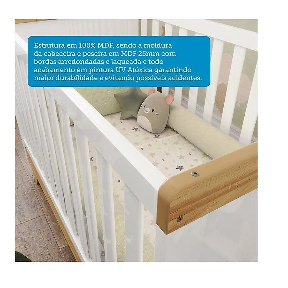 Quarto de Bebê com Berço Guarda-roupa e Cômoda com Janelas 100% Mdf Retrô Kakau Espresso Móveis Branco Brilho/Amêndoa
