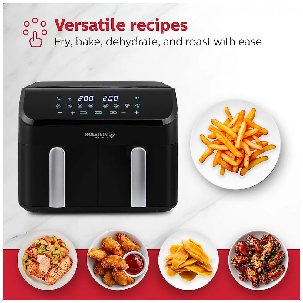 Fritadeira Elétrica Digital Dupla Holstein Housewares Preta 8 em 1 9L Cestões Independentes 1700W 120V, Modelo HH-09202019B