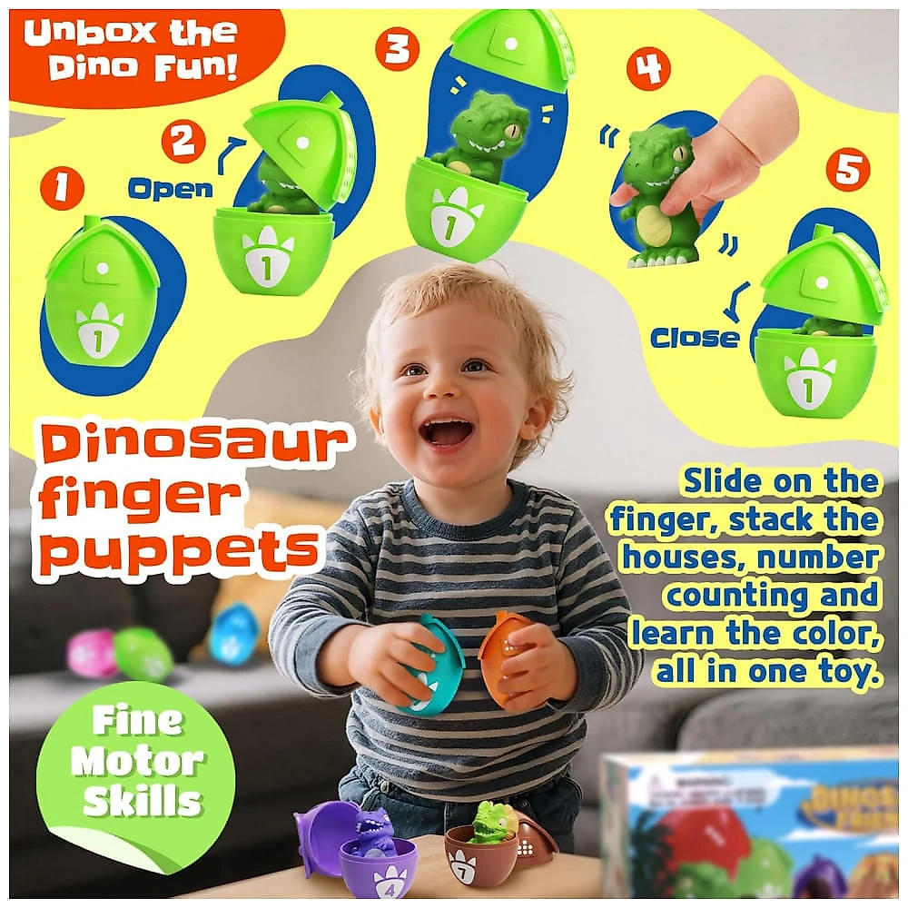 Brinquedos Educativos para Crianças de 1 a 3 Anos - Conjunto de Ovos com Dinossauros e Marionete para Aprender, Contar e Empilhar - Zippytots