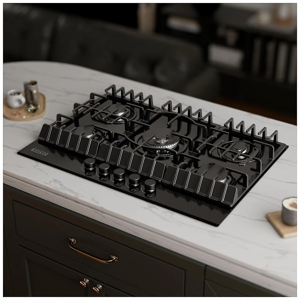 Cooktop a gás 76cm Empava vidro preto 5 queimadores SABAF selados 49000BTU dual fuel GN/GLP