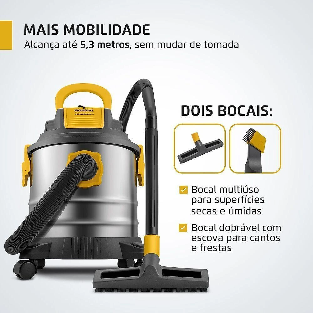 Aspirador de Pó e Água Vertical Mondial APT-02-20L-I 1600W 20L com Sopro Preto-Inox