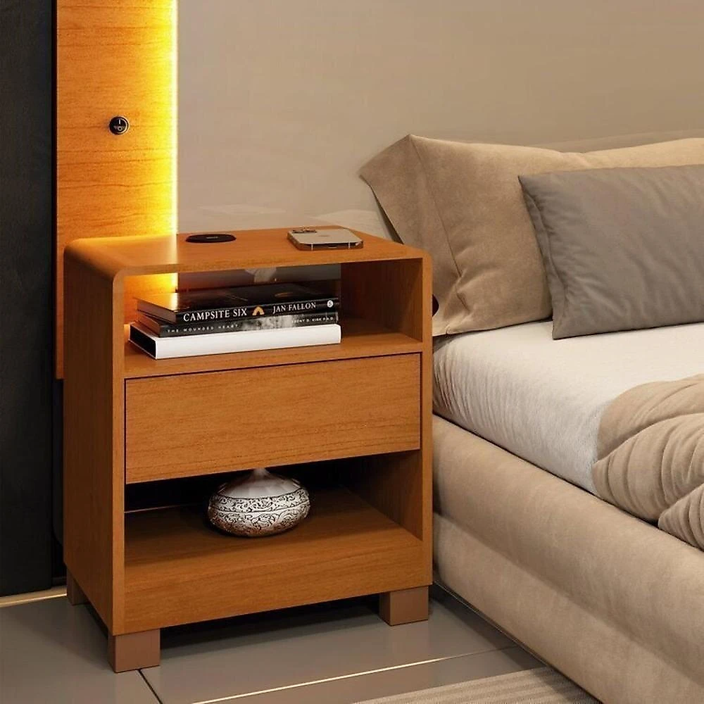 Conjunto Cama Monaco Casal + 2 Mesa de Cabeceira 1 Gaveta Orgânica Luna com Carregador Usb 100% Mdf Cinamomo/Cinamomo