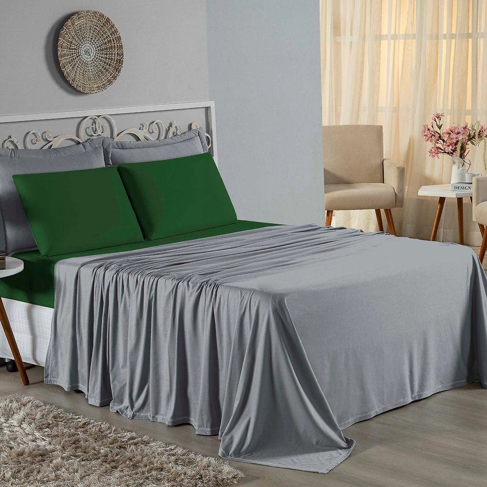Jogo De Cama Casal Viúva Nobre 4 Peças Malha 100% Algodão - Cinza / Verde-bandeira