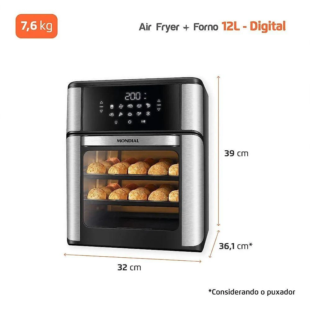 Fritadeira Air Fryer sem Óleo Mondial AFON-12L-BI 12L 2000W Digital Preto 110V