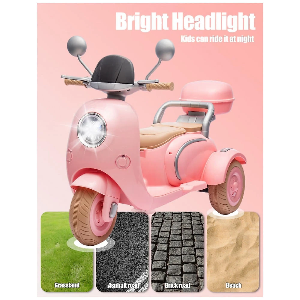 Moto Elétrica Infantil 2 Lugares Okybaby Rosa Claro, 12V, 3 Rodas Duplo Motor Bluetooth USB Painel LED 3 Velocidades Suspensão Baú