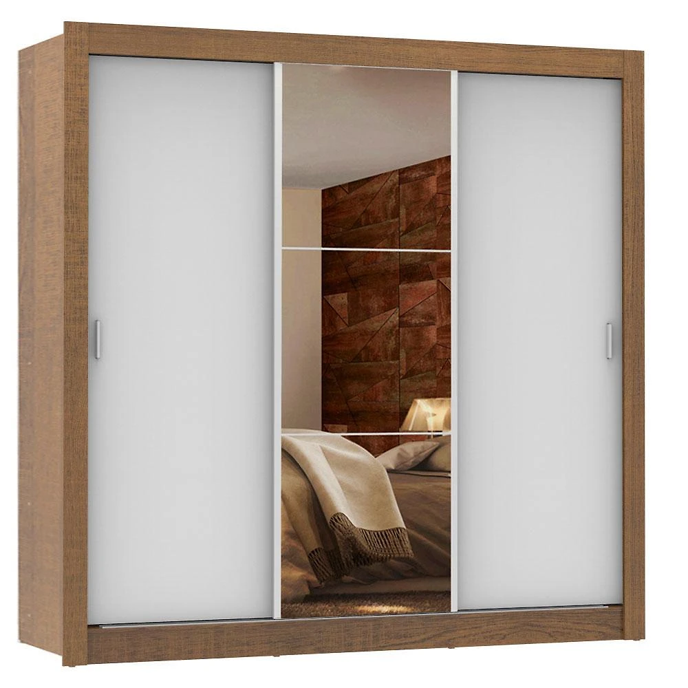 Guarda roupa casal madesa lyon plus 3 portas de correr com espelho 4 gavetas - rustic/branco